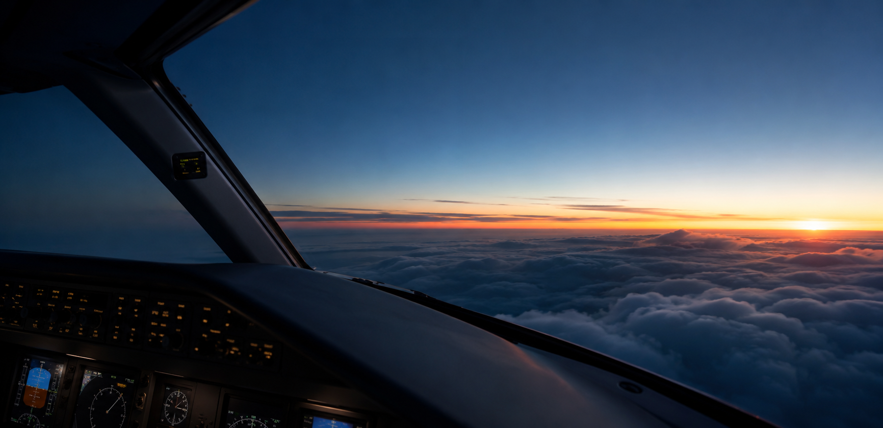 View from a business aircraft cockpit above clouds at dawn